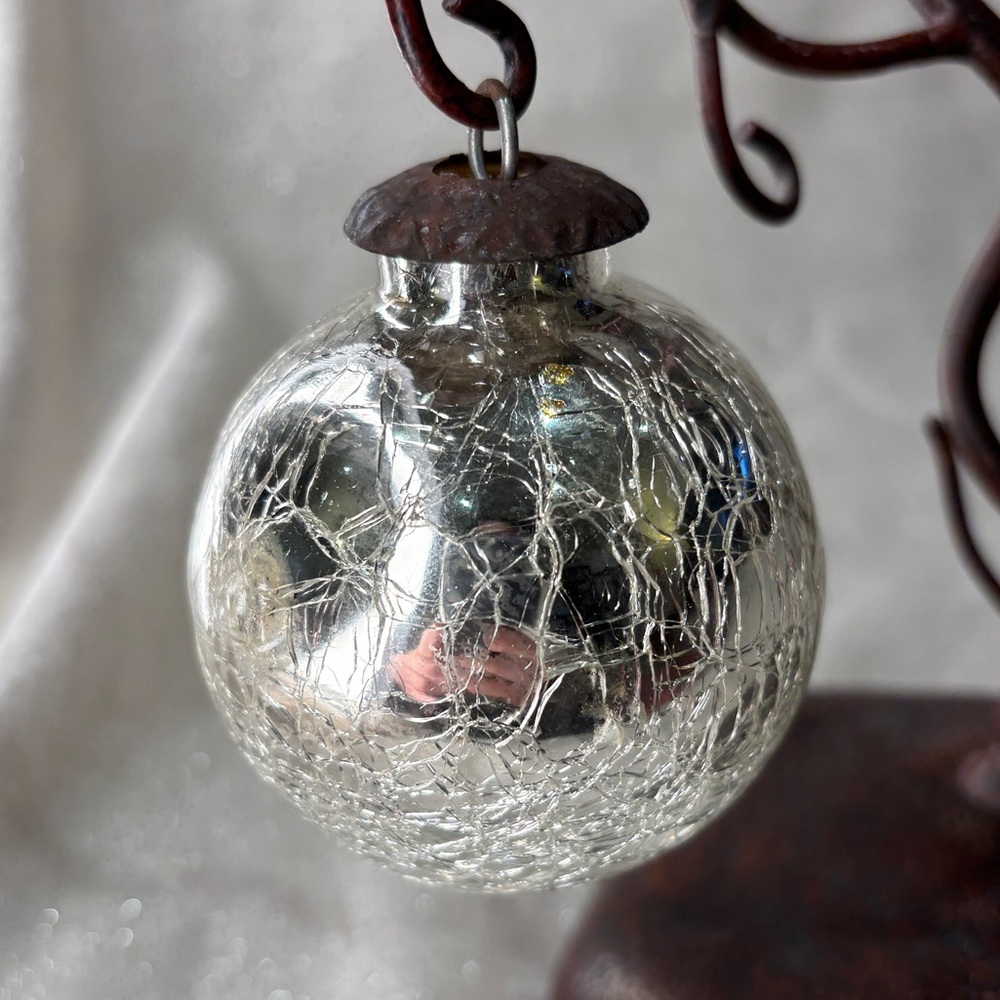 Vtg Heavy Mercury Crackle Glass Silver Christmas Ornament Mirrored Kugel Glass